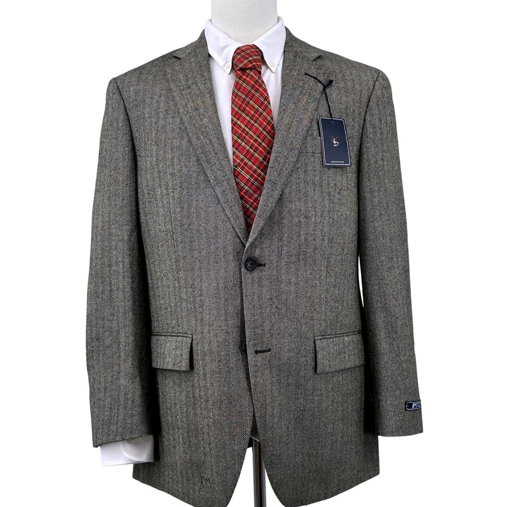 Mens Classic Herringbone Wool Blazer 40R Grey Sport Coat American Living